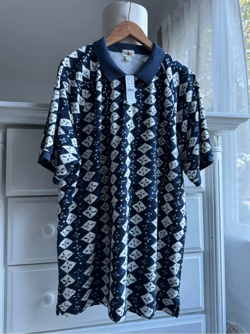 NEW J.Crew Terry Cloth Polo Shirt – Navy Print – XL